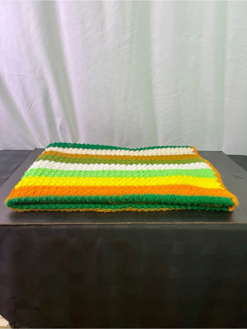 Vintage Handmade Striped Crochet Afghan in Greens, Yellow, Brown, White & Orange